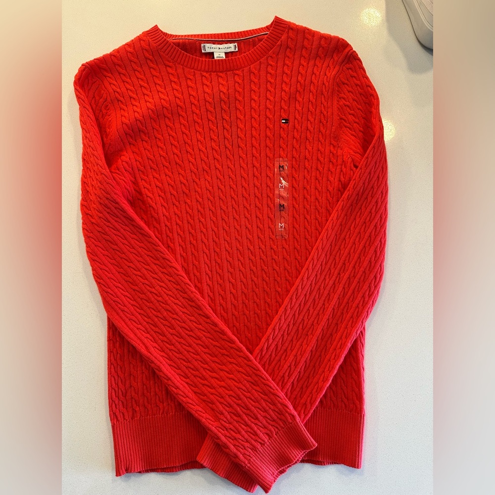 NWT Tommy Hilfiger Bright Red Cable Knit Crewneck Sweater